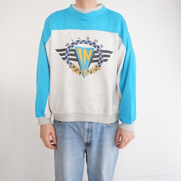 VTG 80S Gear For Sports Wilson Training Gray Blue Boxy Cotton Crewneck Sweater L - Picture 1 of 11